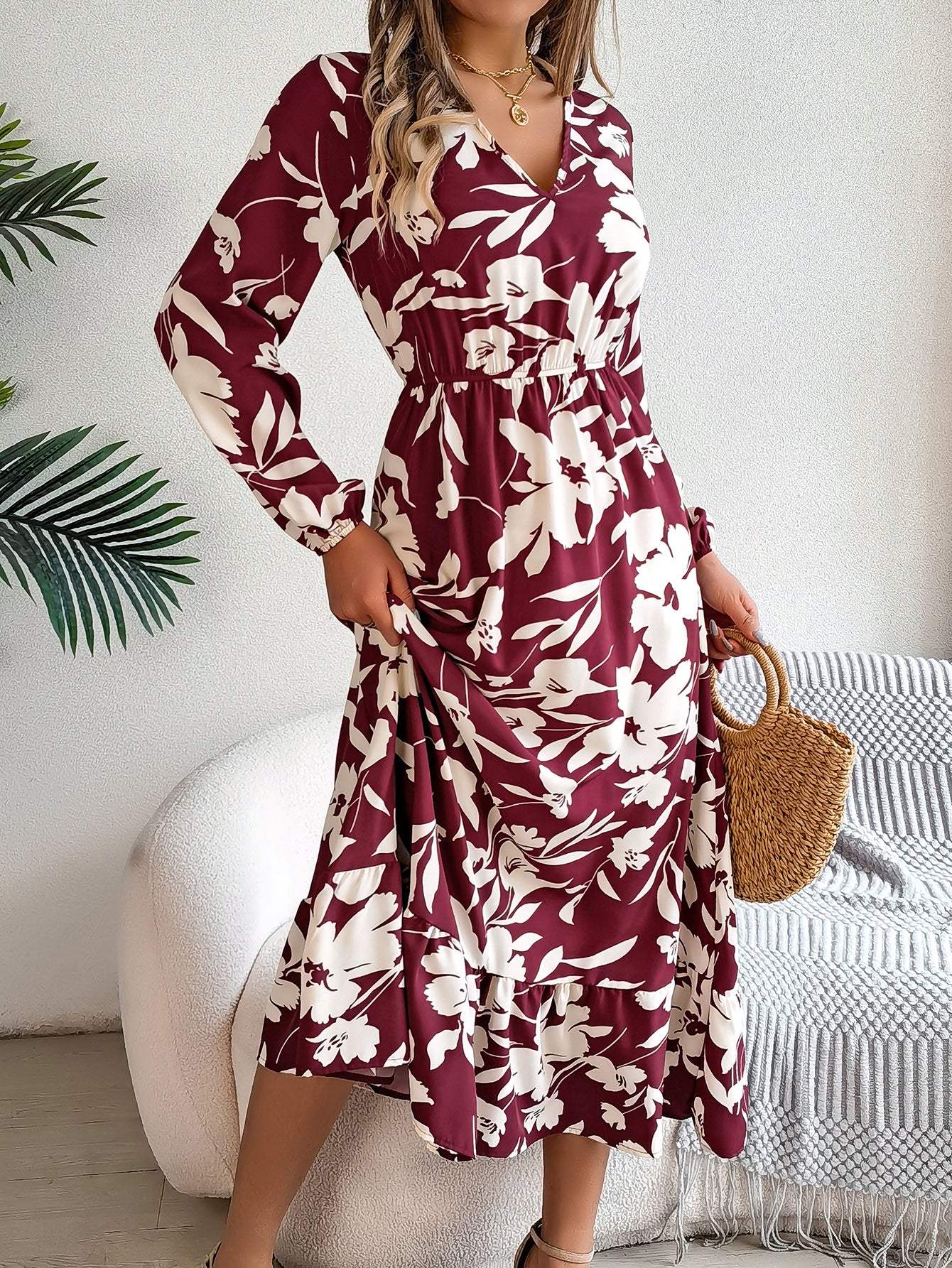 Luvéra Damen Freizeit Blumendruck Krawatte Taille Langarm Rüschen Kleid