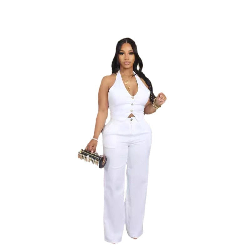Luvéra Einfarbig V-Ausschnitt Neckholder Blazer Weste Und Hose Set