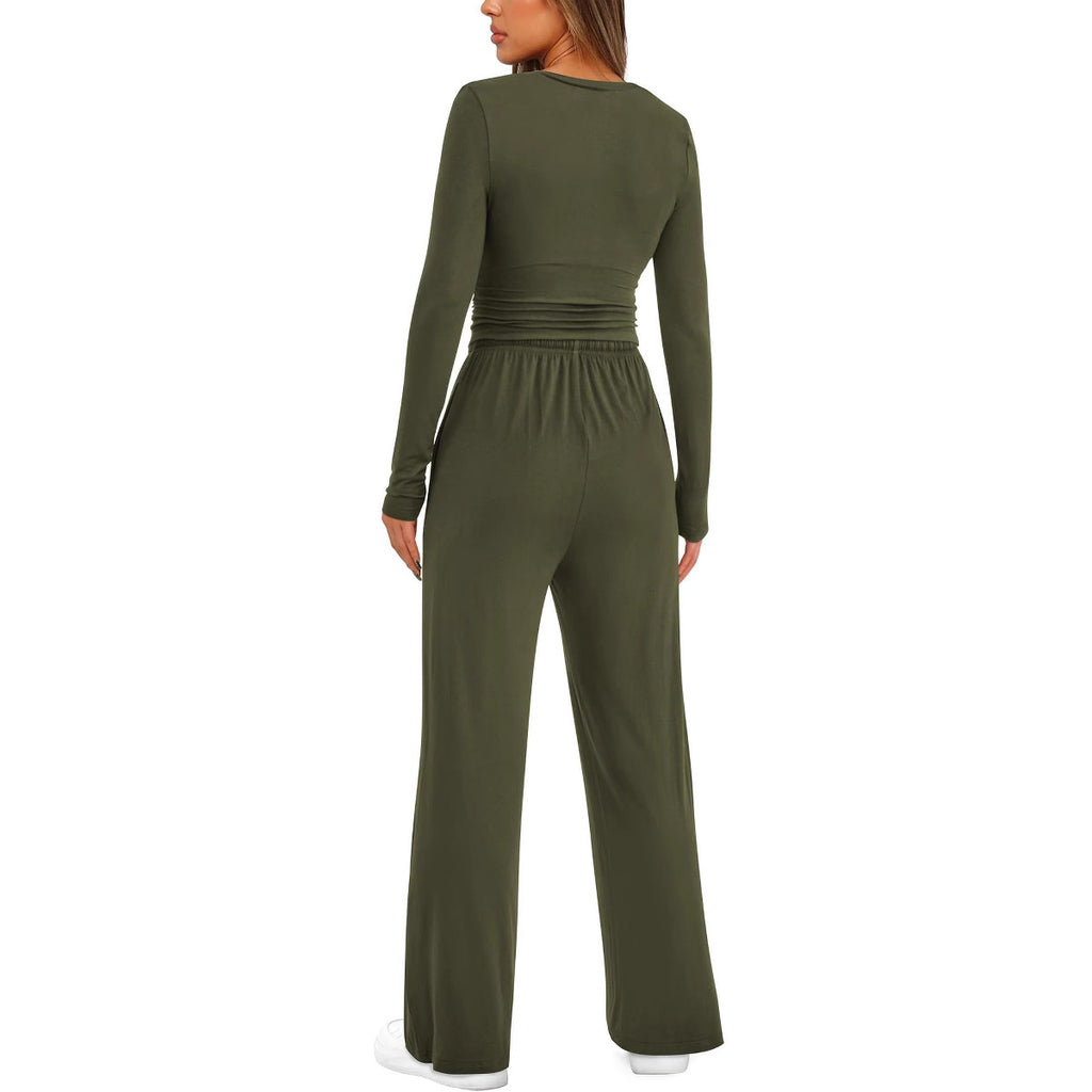 Luvéra 2 Stück frauen Anzug Herbst Winter Langarm Tops Hohe Taille Breite Bein Hosen Sportswear Weibliche Kleidung Einfarbig Casual Anzug