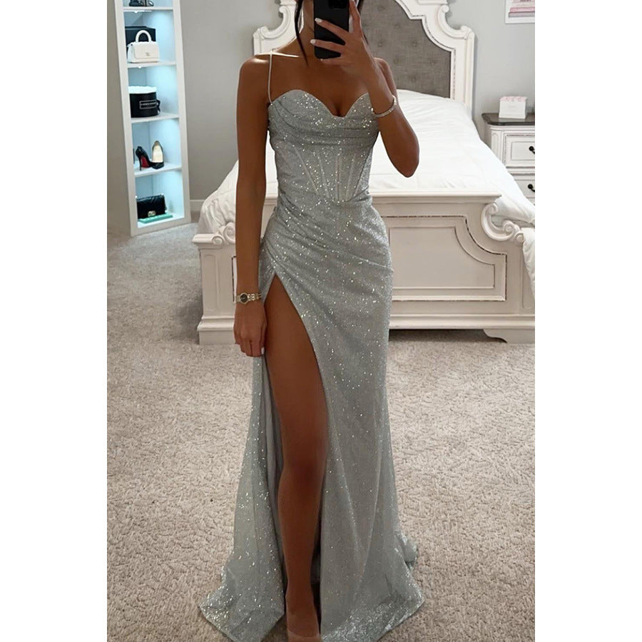 Luvéra Split Hosenträger Kleid Mode Abend Party Schlanke V-ausschnitt Lange Kleider Sommer Kleidung Für Frauen