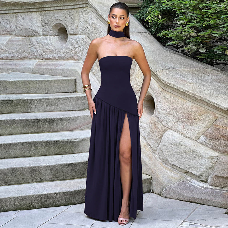 Luvéra Pure Color Split Rückenfrei Elegantes Streamer Kleid