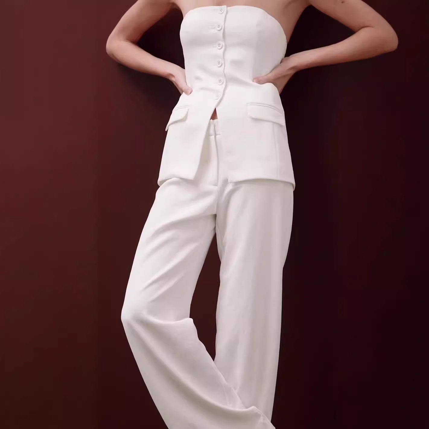 Luvéra Graceful Tube Top Anzug Mode Knopf Ärmellose Top Und Gerade Hosen Frauen Hosen Set