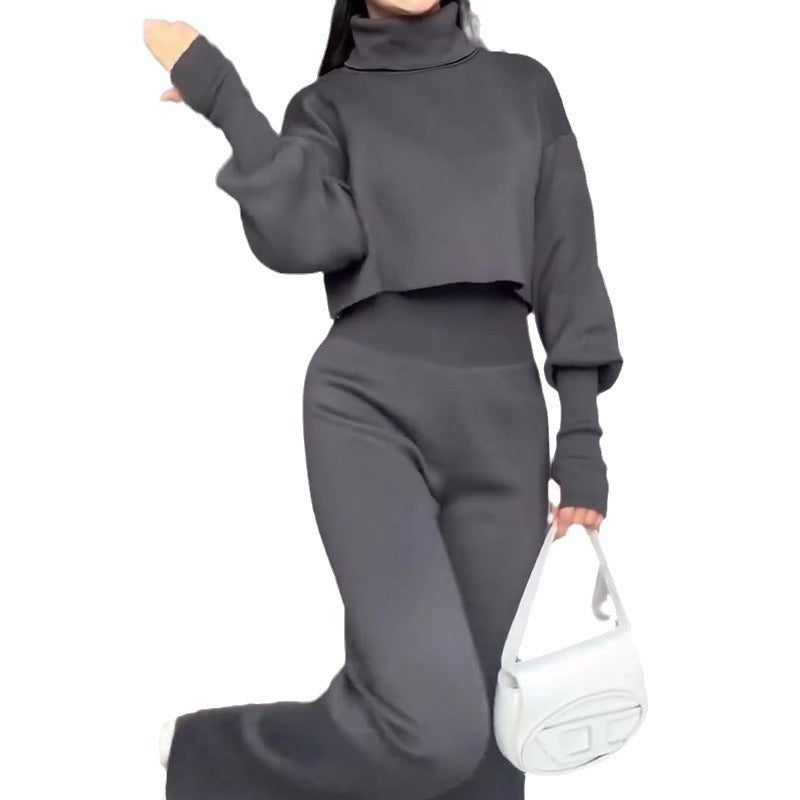 Luvéra Modischer Anzug Grauer Rollkragen-Top mit langen Ärmeln und hoch taillierte Hose
