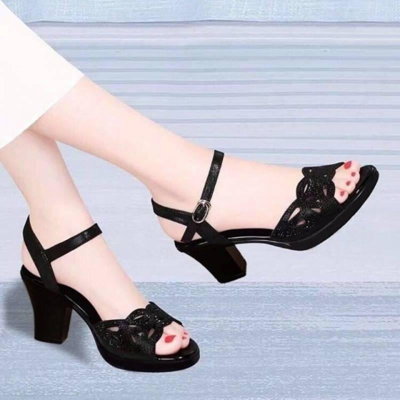 Luvéra Mid-Heel Fisch Mund Weiche Sohle Mutter Schuhe Strass High Heels