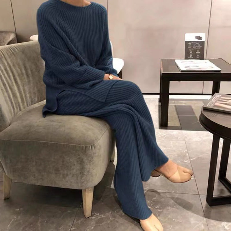Luvéra Gestrickter Pullover Weitbein Hosen Anzug Frauen