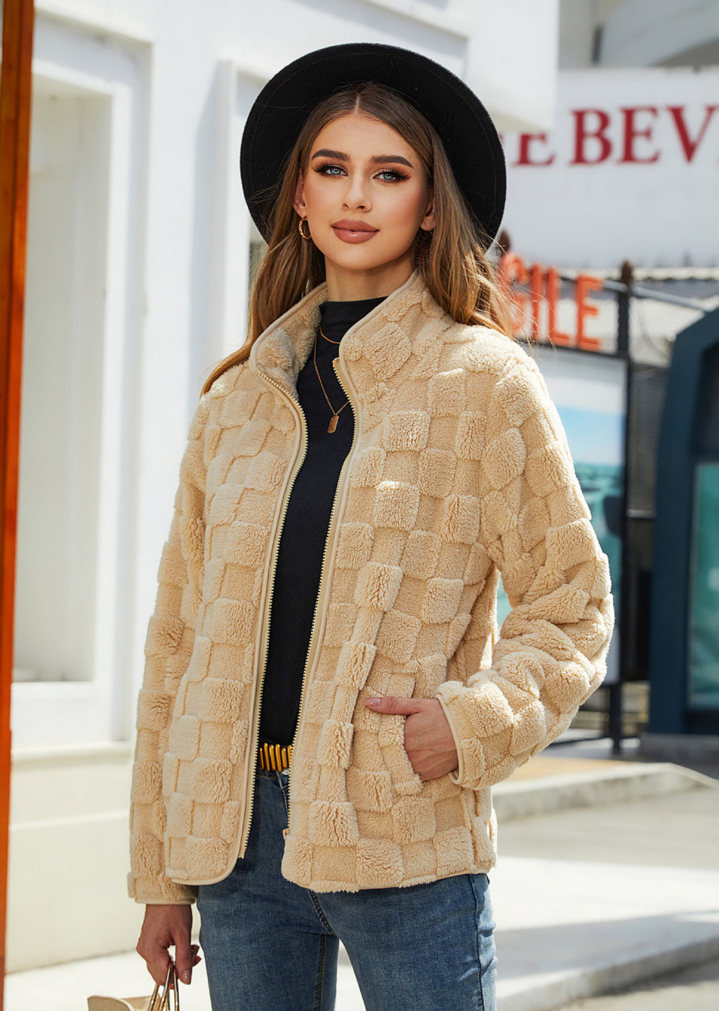Luvéra Stand-up Kragen Plüsch Jacke Winter Langarm Lose Reißverschluss Strickjacke Mode Einfarbig Schachbrett Design Mantel Frauen Outwear