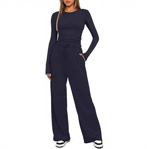 Luvéra 2 Stück frauen Anzug Herbst Winter Langarm Tops Hohe Taille Breite Bein Hosen Sportswear Weibliche Kleidung Einfarbig Casual Anzug