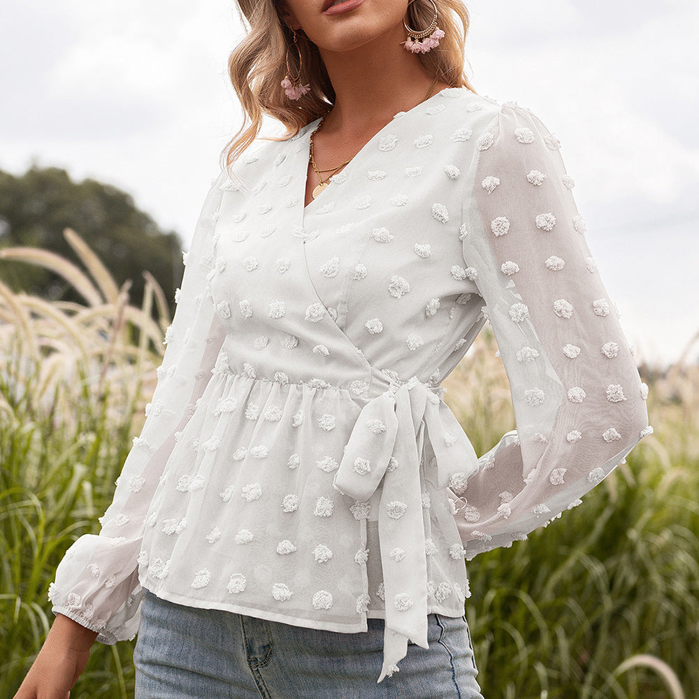 Luvéra Jacquard Spitze V-Ausschnitt Langarm Bluse Frauen