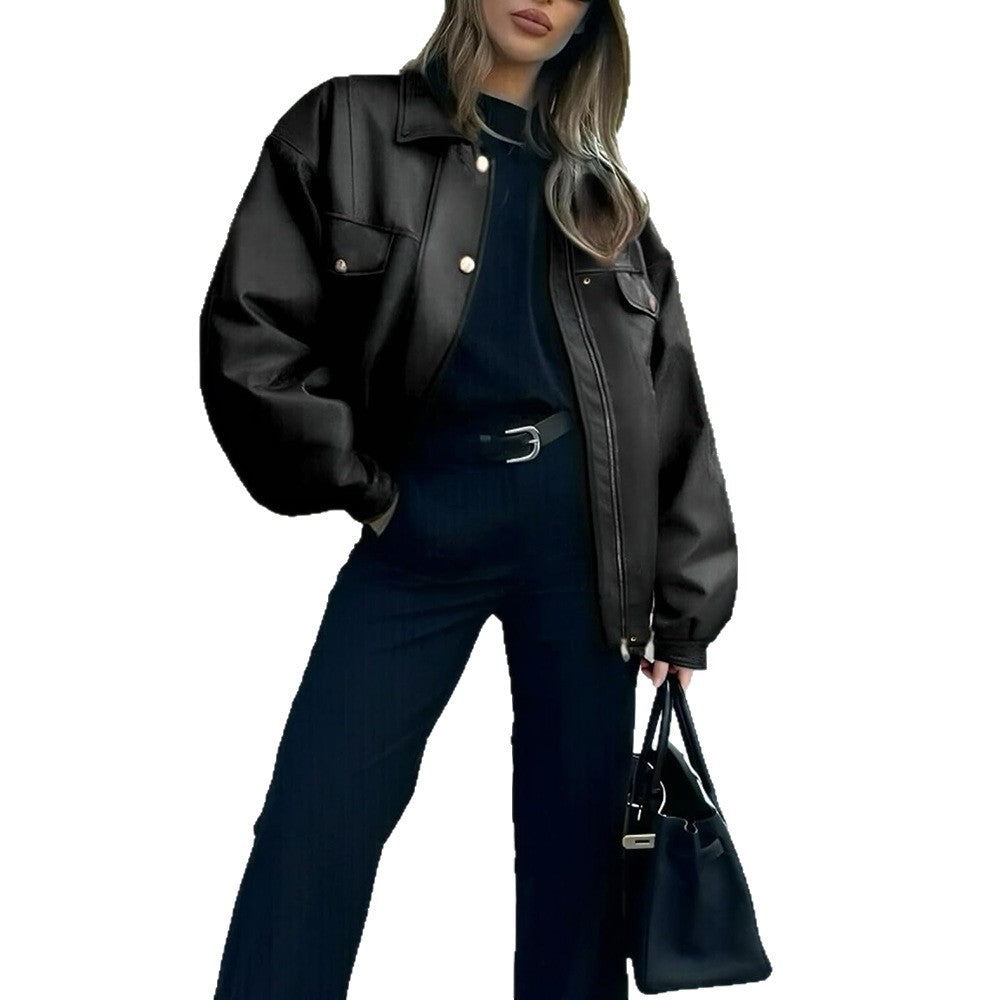 Luvéra Damen Lederjacke Lose Langarm Revers Jacke