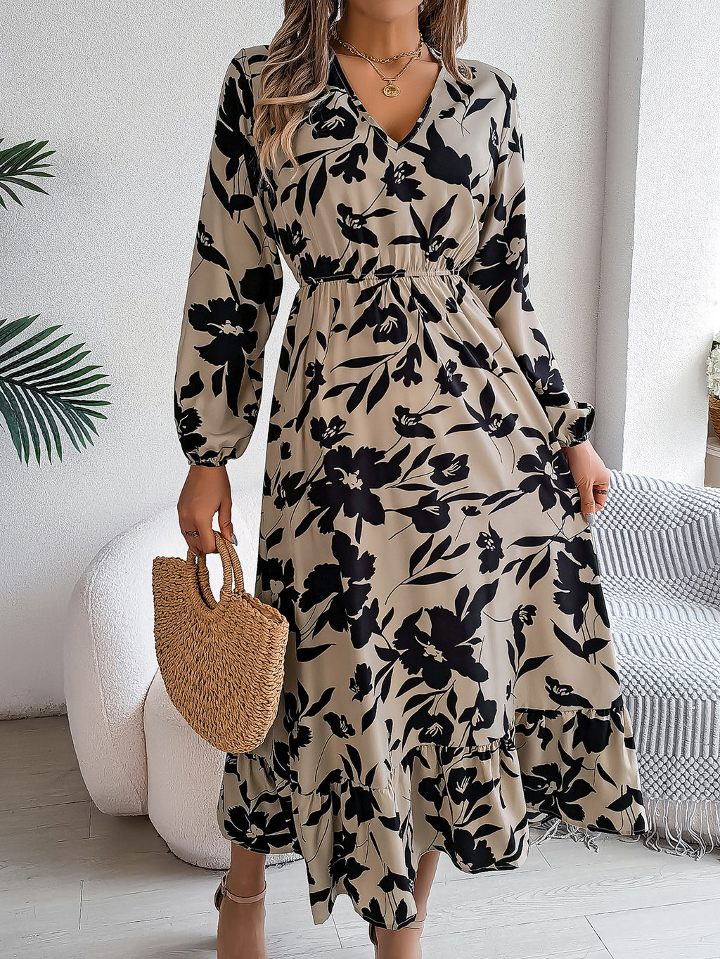 Luvéra Damen Freizeit Blumendruck Krawatte Taille Langarm Rüschen Kleid