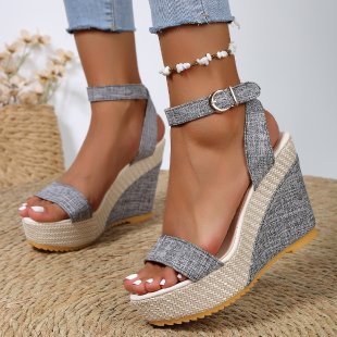 Luvéra High Heel Denim Stoff Knöchelriemen Sandalen Frauen