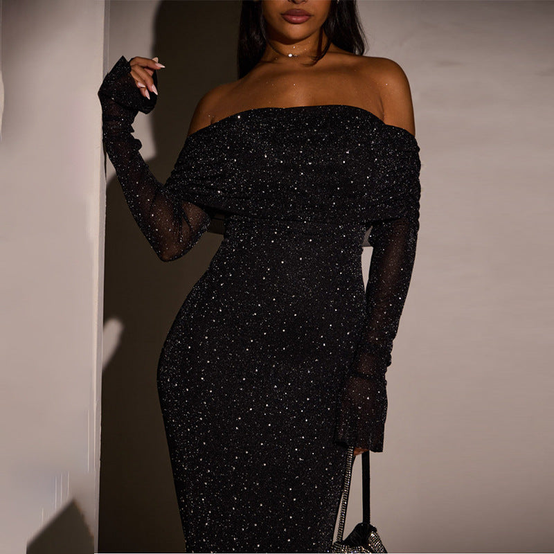 Luvéra Pailletten Off-Shoulder Kleid Damenbekleidung