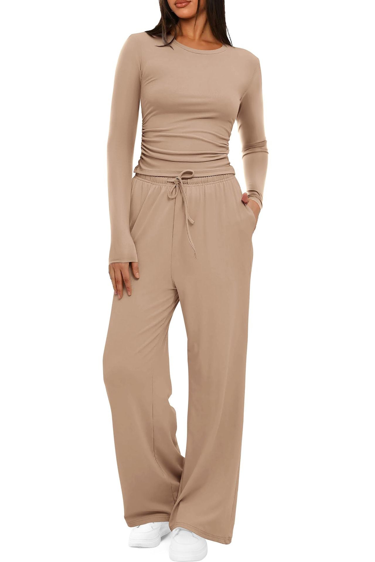 Luvéra 2 Stück frauen Anzug Herbst Winter Langarm Tops Hohe Taille Breite Bein Hosen Sportswear Weibliche Kleidung Einfarbig Casual Anzug
