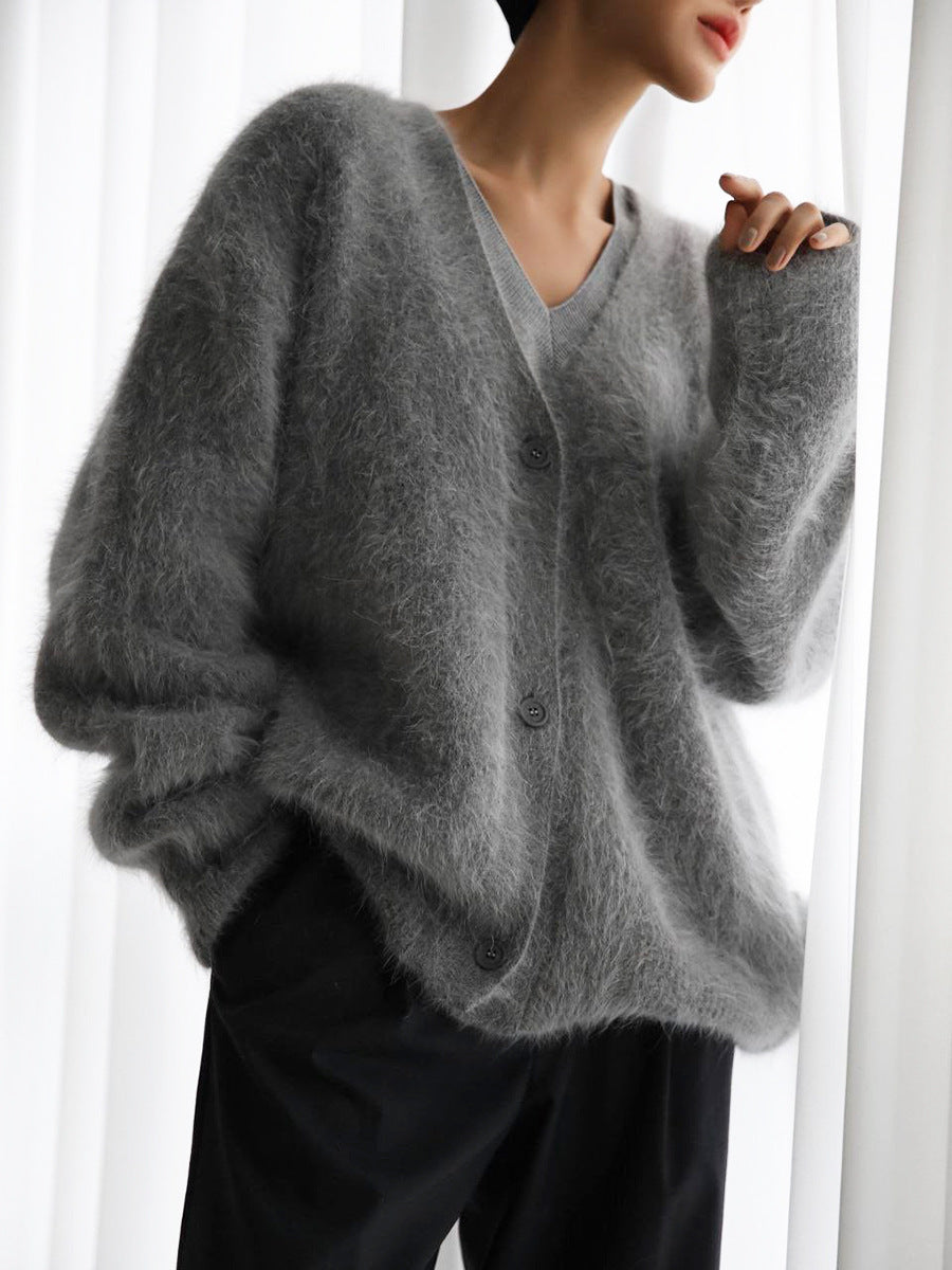 Luvéra Lose V-Ausschnitt Knopf Strickjacke Herbst Winter Mode Einreihig Gestrickt Pullover Top Damen Kleidung