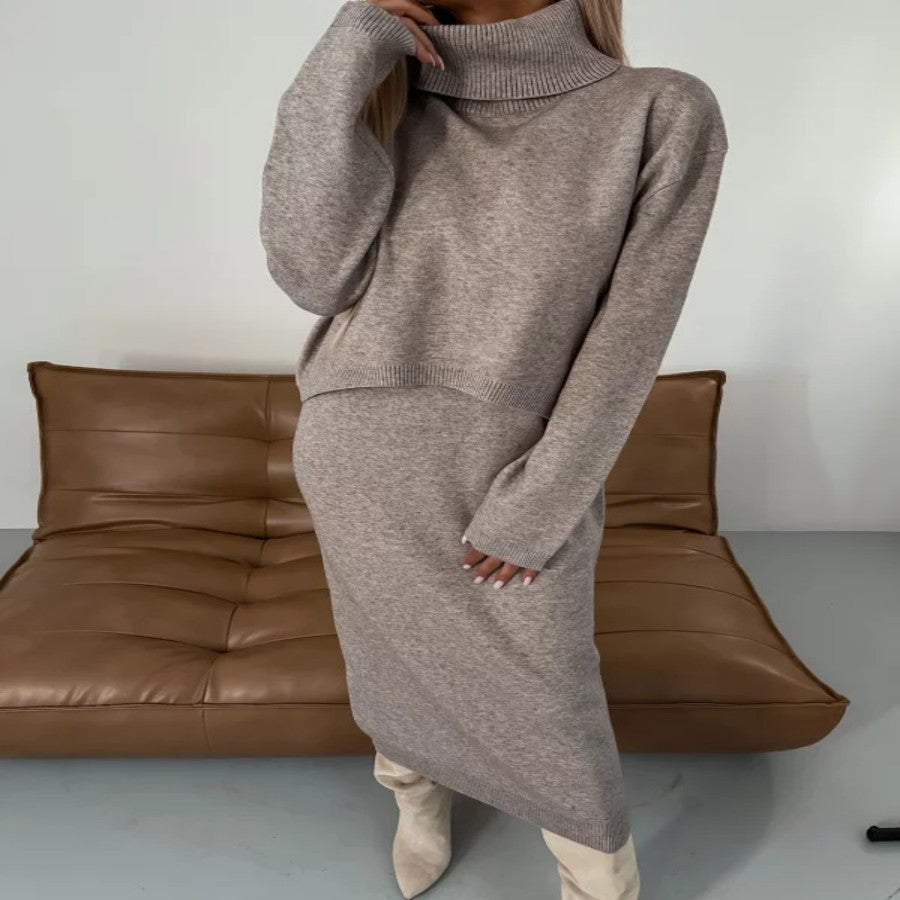 Luvéra Rollkragen Lange Einfarbige Strickkleid Pullover Zweiteiliges Set