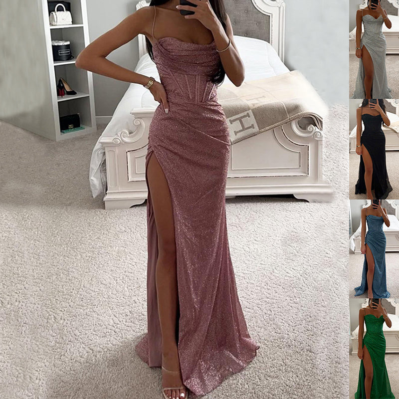 Luvéra Split Hosenträger Kleid Mode Abend Party Schlanke V-ausschnitt Lange Kleider Sommer Kleidung Für Frauen