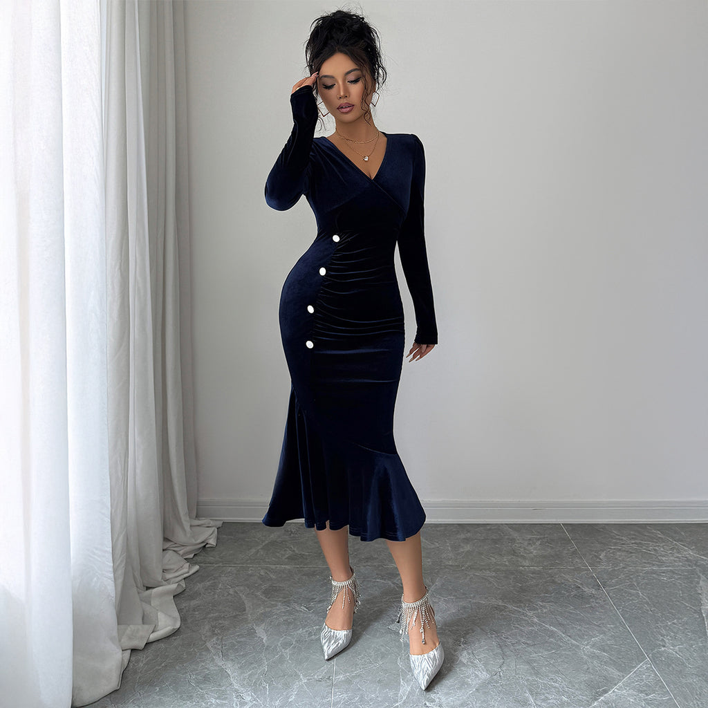 Luvéra V-Ausschnitt Midikleid in Navy - Elegantes, figurbetontes Damenkleid