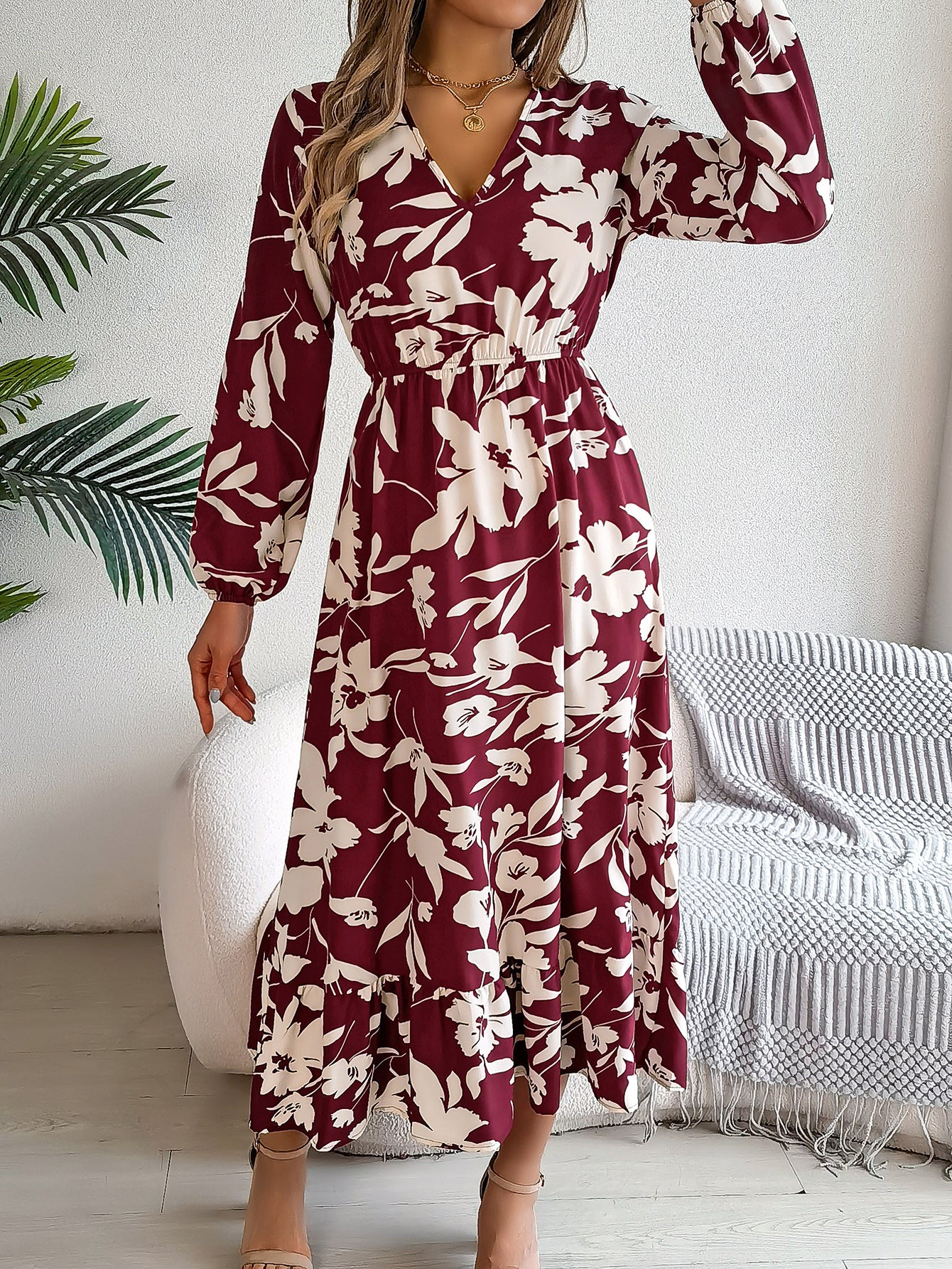 Luvéra Damen Freizeit Blumendruck Krawatte Taille Langarm Rüschen Kleid