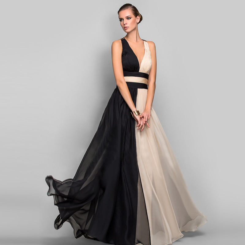 Luvéra Mode V-Ausschnitt rückenfrei Farbe Kleid Rock langes Kleid