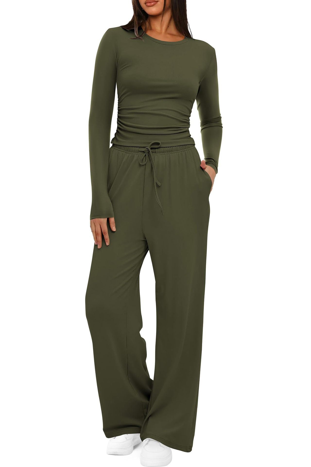 Luvéra 2 Stück frauen Anzug Herbst Winter Langarm Tops Hohe Taille Breite Bein Hosen Sportswear Weibliche Kleidung Einfarbig Casual Anzug