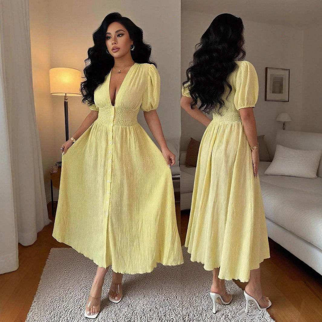 Luvéra Elegantes V-Ausschnitt Midikleid mit Puffärmeln stilvolles Damenkleid in A Linie