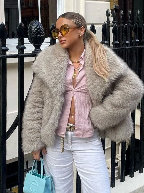 Luvéra Plüsch Mantel Mode Warme Verdicken Flauschige Revers Jacke Outwear Casual Langarm Tops Frauen Kleidung