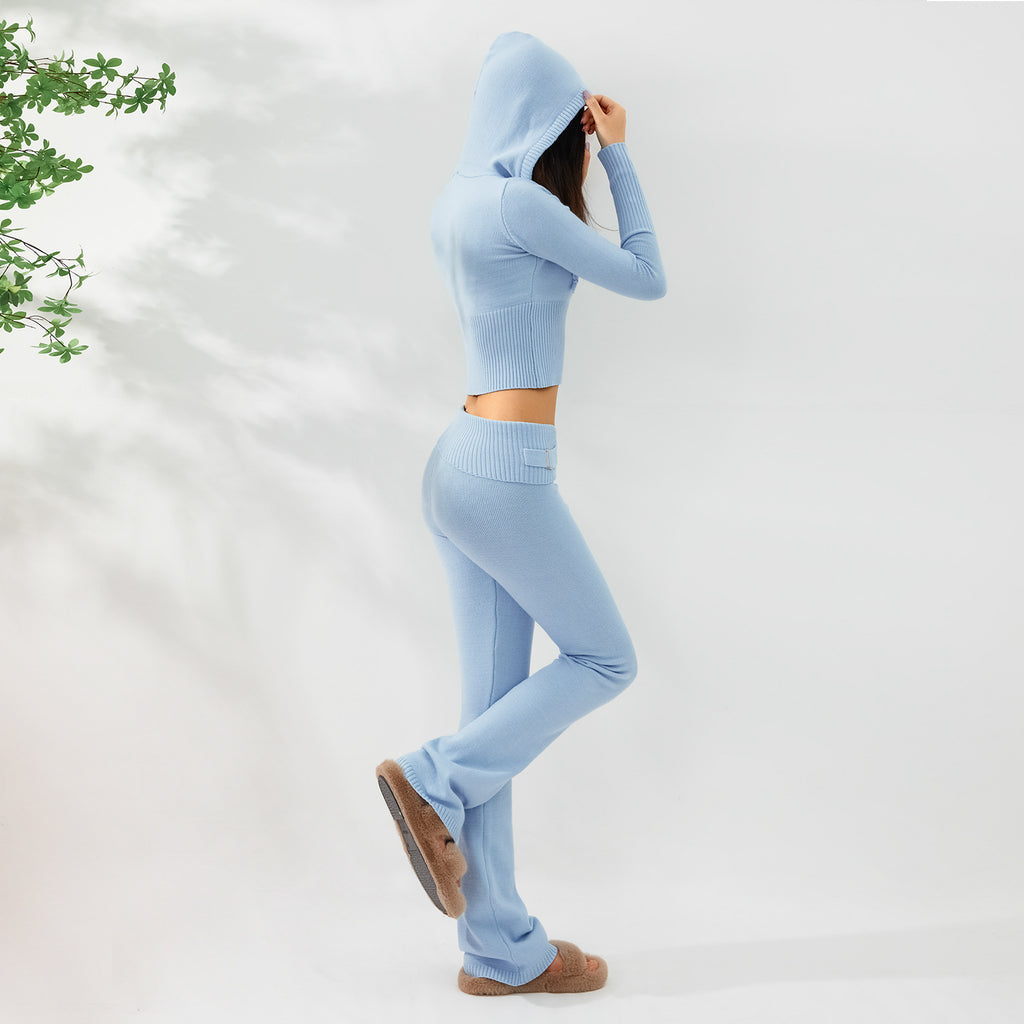 Luvéra Gestrickte Kapuzenanzüge Damen Langarm Strickjacke Und Hohe Taille Hosen Kleidung