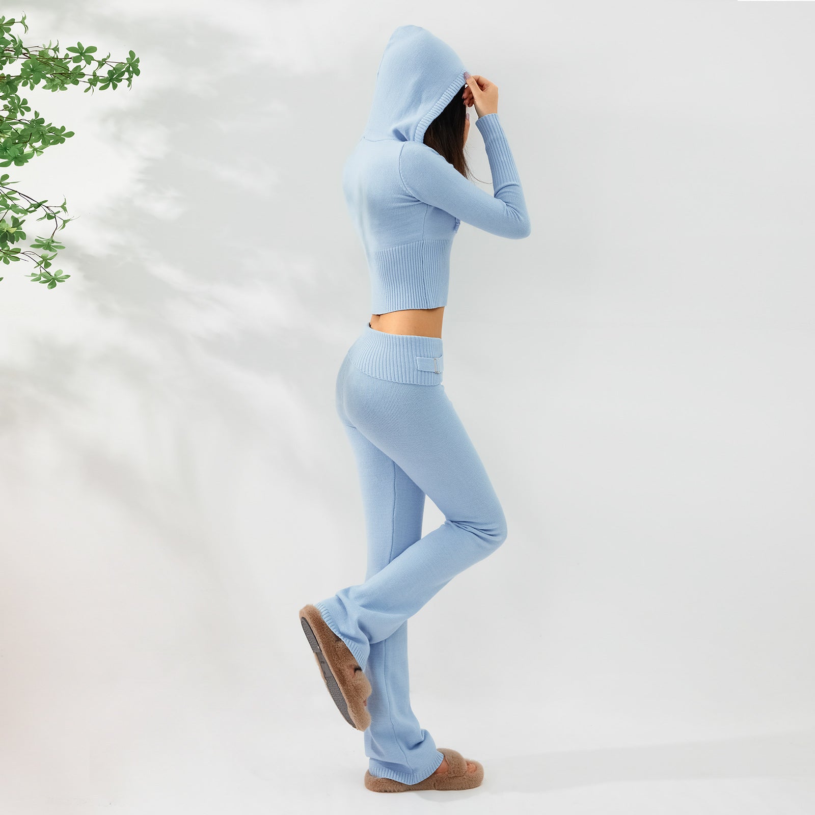 Luvéra Gestrickte Kapuzenanzüge Damen Langarm Strickjacke Und Hohe Taille Hosen Kleidung