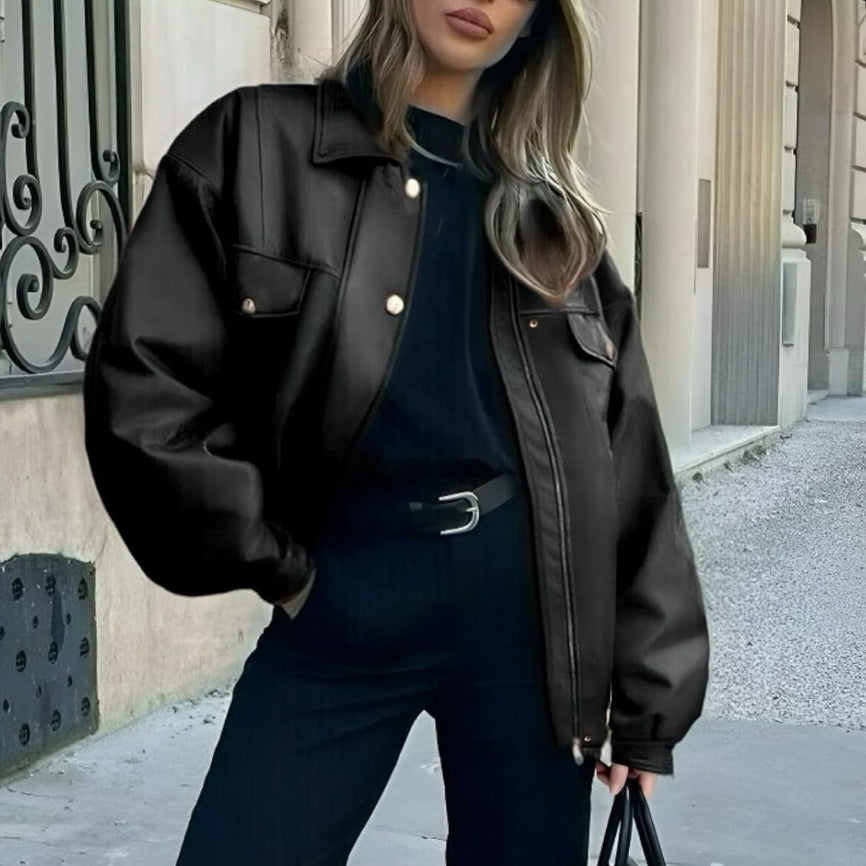Luvéra Damen Lederjacke Lose Langarm Revers Jacke
