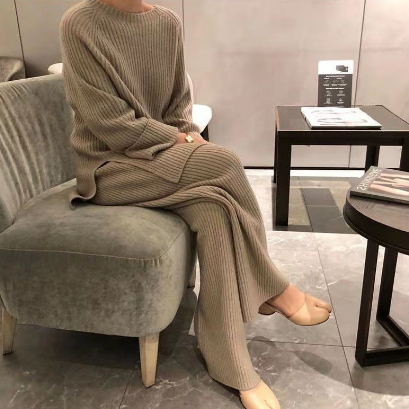 Luvéra Gestrickter Pullover Weitbein Hosen Anzug Frauen