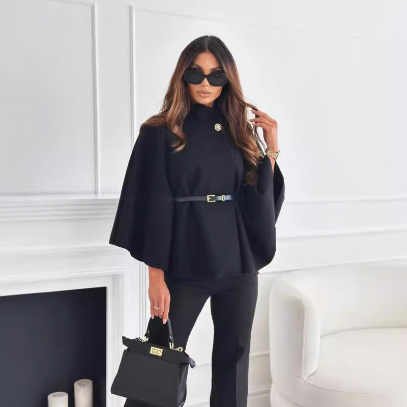 Luvéra Neue Stehkragen Batwing Ärmel Mantel Top Mit Gürtel Ins Mode Temperament Jacke Wollen Pullover Outwear Für Frauen Kleidung