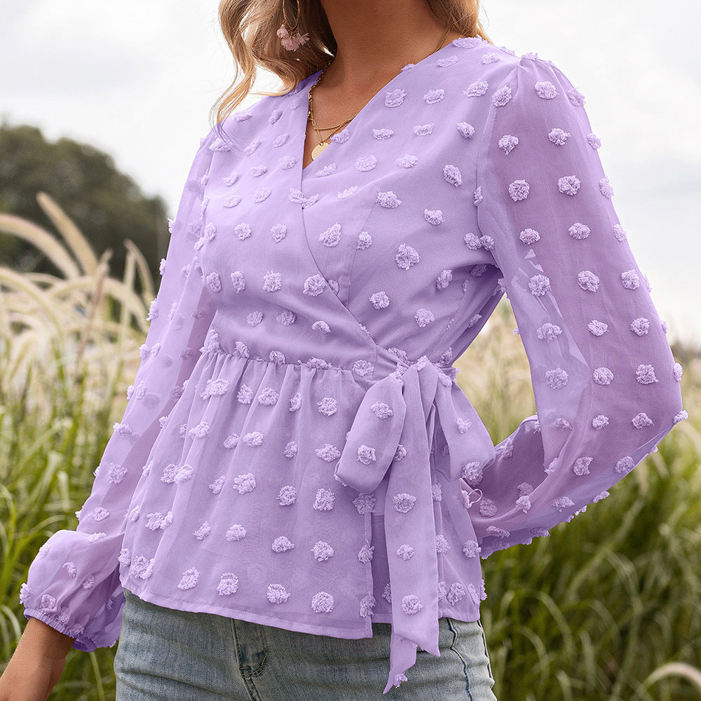 Luvéra Jacquard Spitze V-Ausschnitt Langarm Bluse Frauen