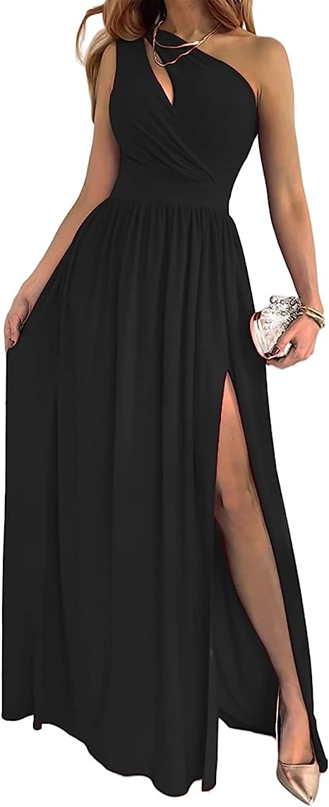 Luvéra Damen Eine Schulter High Split Cutout Ärmellos Elegante Cocktail Maxi Kleid