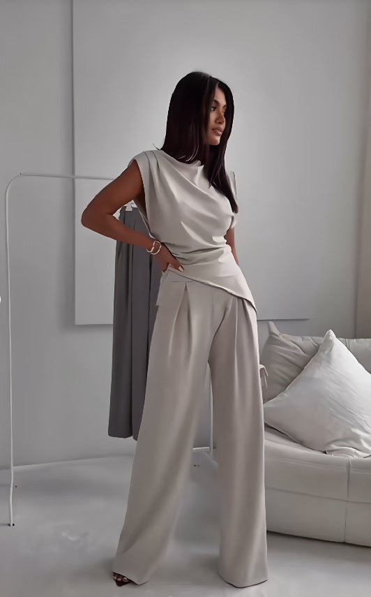 Luvéra Damen Ärmelloser Anzug Mode Schlank Unregelmäßiges Split Top Und Gerade Hosen Solide Hosen Set