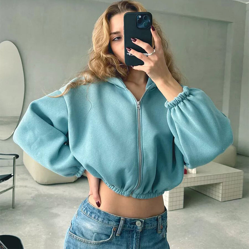 Luvéra Casual Einfarbig Mit Kapuze Kurze Jacke Y2K Mode Sport Sweatshirt Langarm Zip Up Strickjacke Hoodies frauen Kleidung