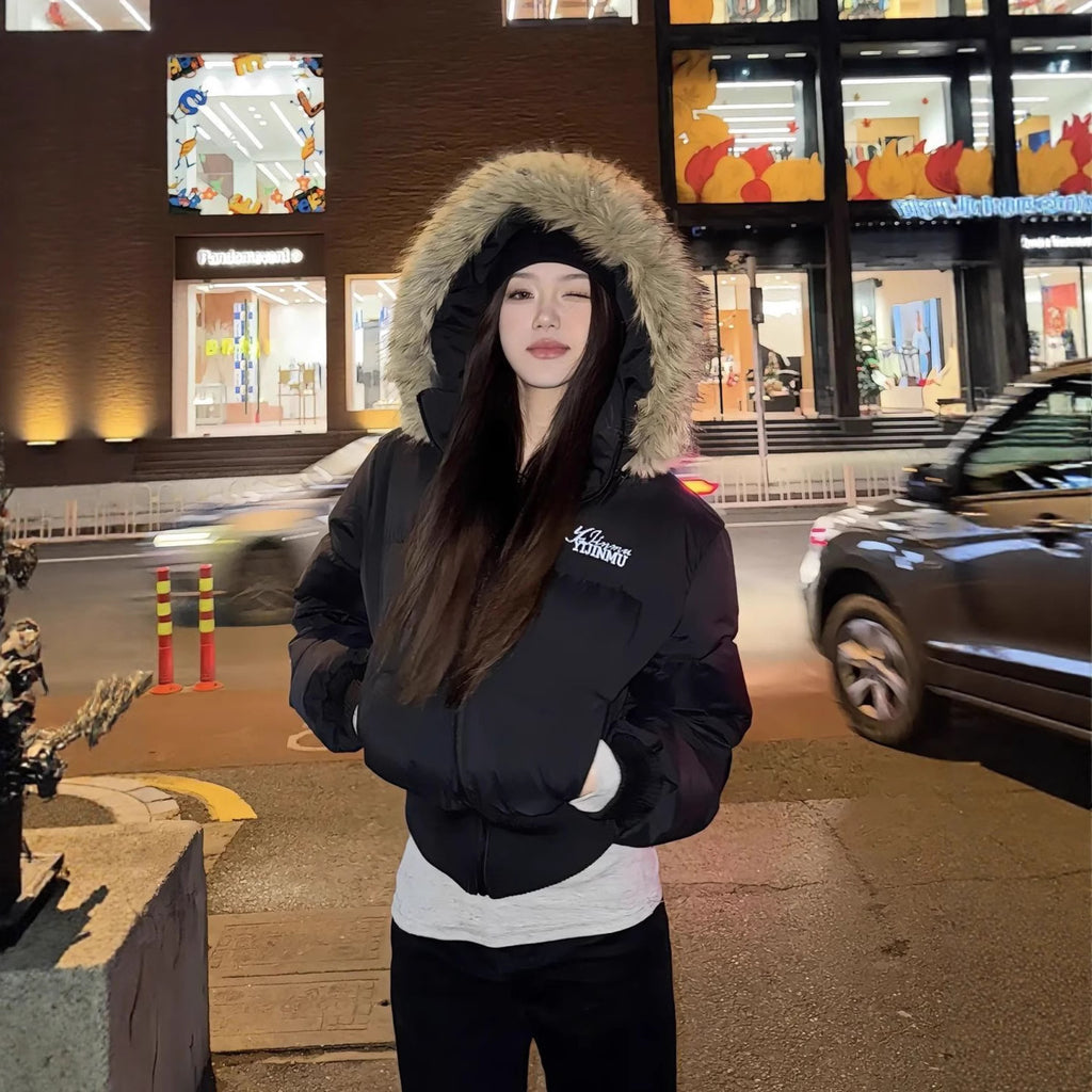 Luvéra Winter Kurze Kunstpelzkragen Gepolsterte Jacke Für Frauen
