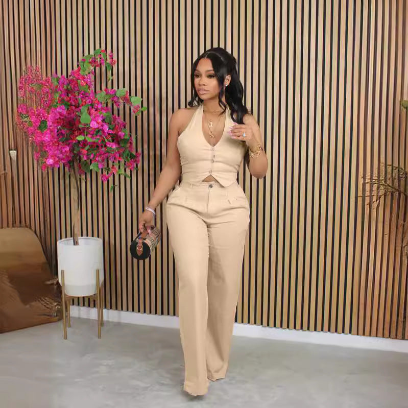 Luvéra Einfarbig V-Ausschnitt Neckholder Blazer Weste Und Hose Set