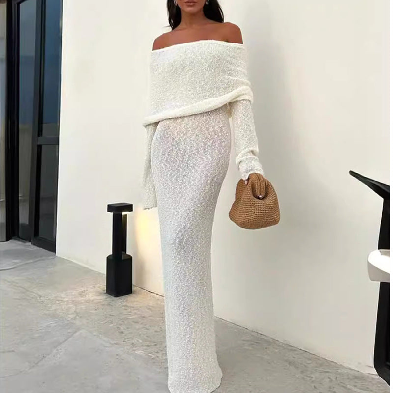 Luvéra Französisch-Stil Ein-Schulter-Strickkleid Mode Party Strand Langarm Lange Kleider Herbst Wainter Damenbekleidung
