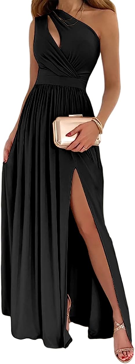 Luvéra Damen Eine Schulter High Split Cutout Ärmellos Elegante Cocktail Maxi Kleid