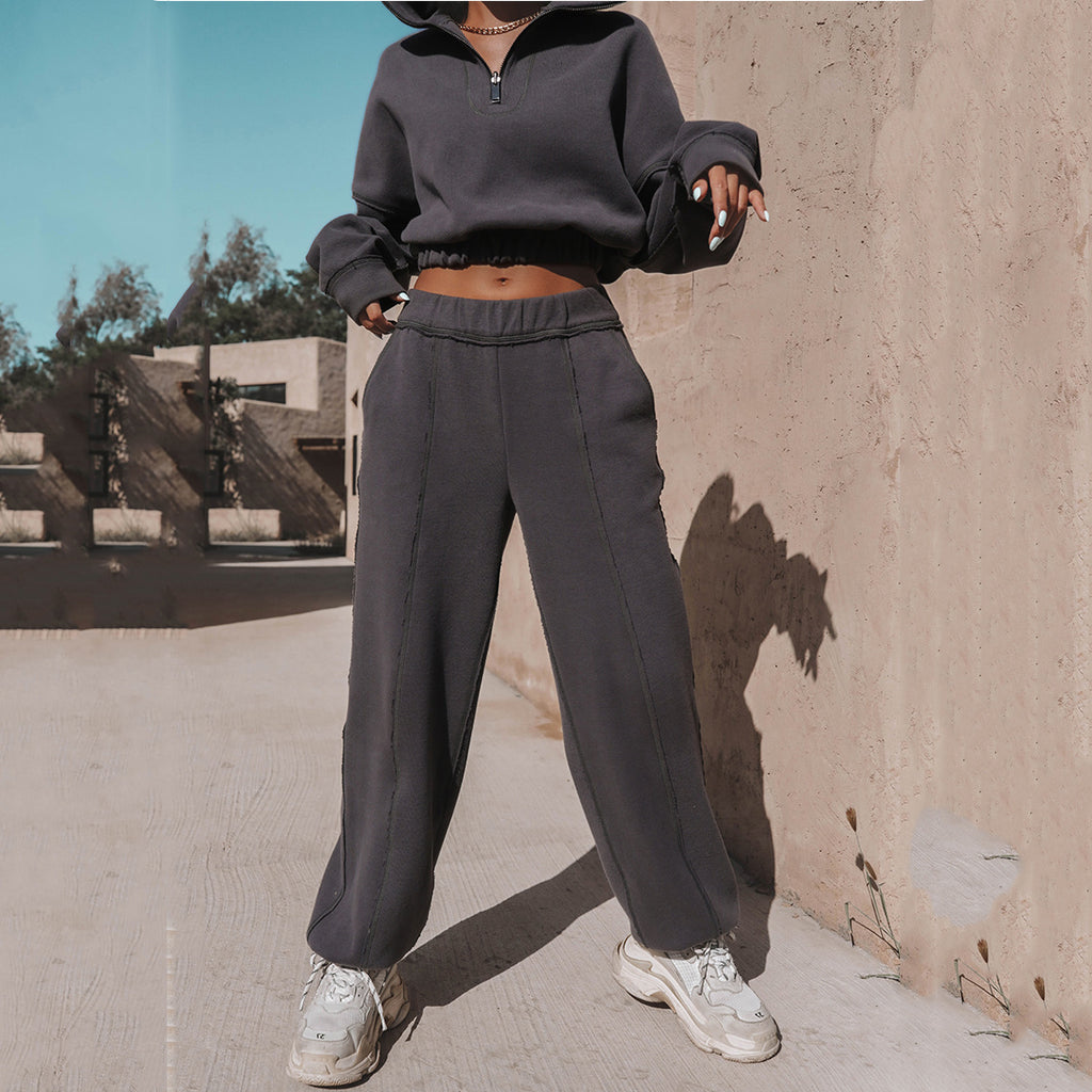 Luvéra Langarm Rollkragen Sweatshirt Stand Up Reißverschluss Kurze Top Mit Lose Gerade Bein Hosen Frauen Kleidung