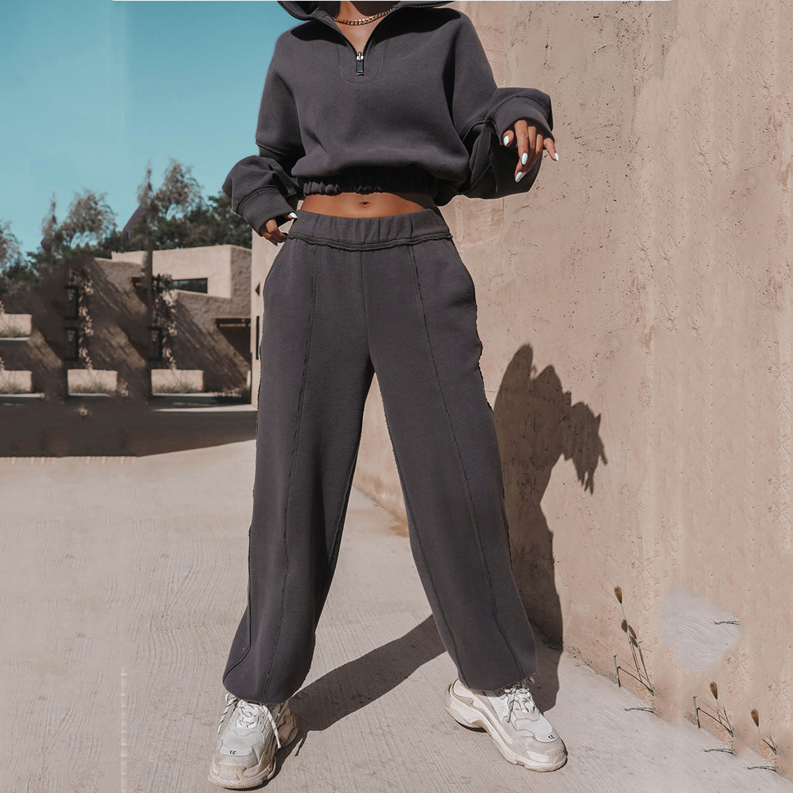 Luvéra Langarm Rollkragen Sweatshirt Stand Up Reißverschluss Kurze Top Mit Lose Gerade Bein Hosen Frauen Kleidung