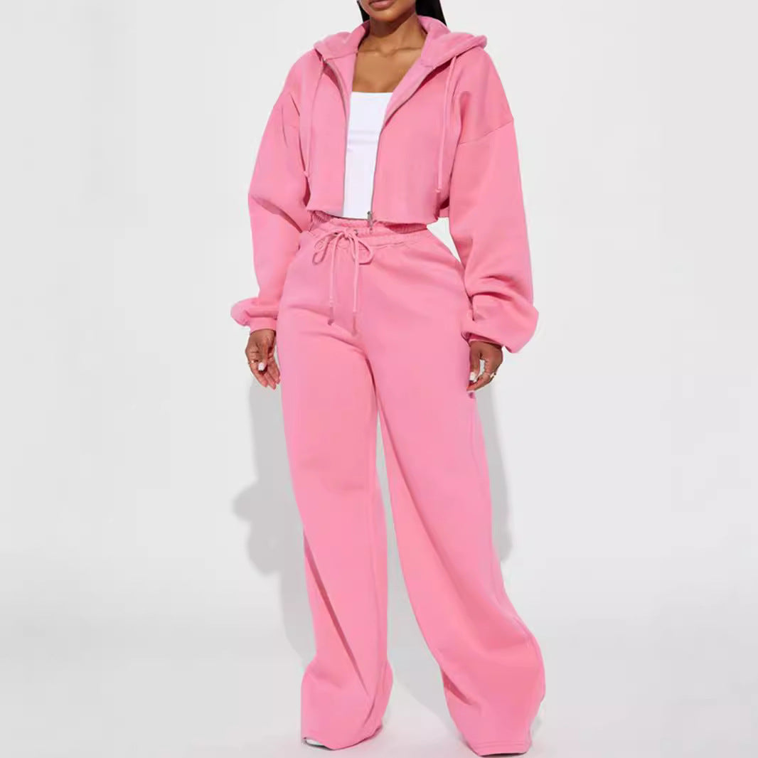 Luvéra Kapuze vorne Strickjacke Reißverschluss Pullover Breites Bein Lose Hose Anzug