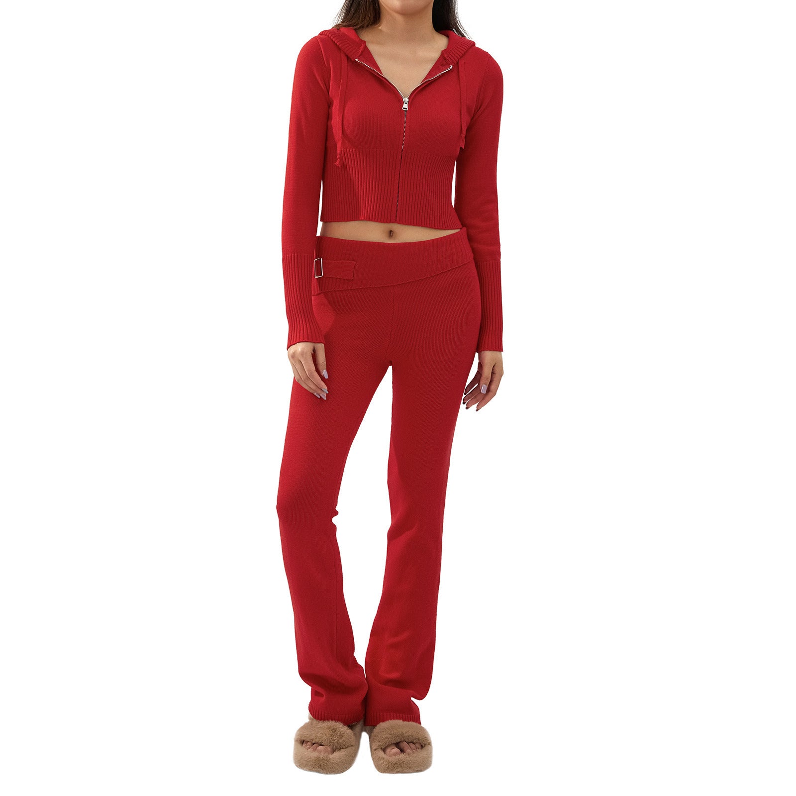 Luvéra Gestrickte Kapuzenanzüge Damen Langarm Strickjacke Und Hohe Taille Hosen Kleidung