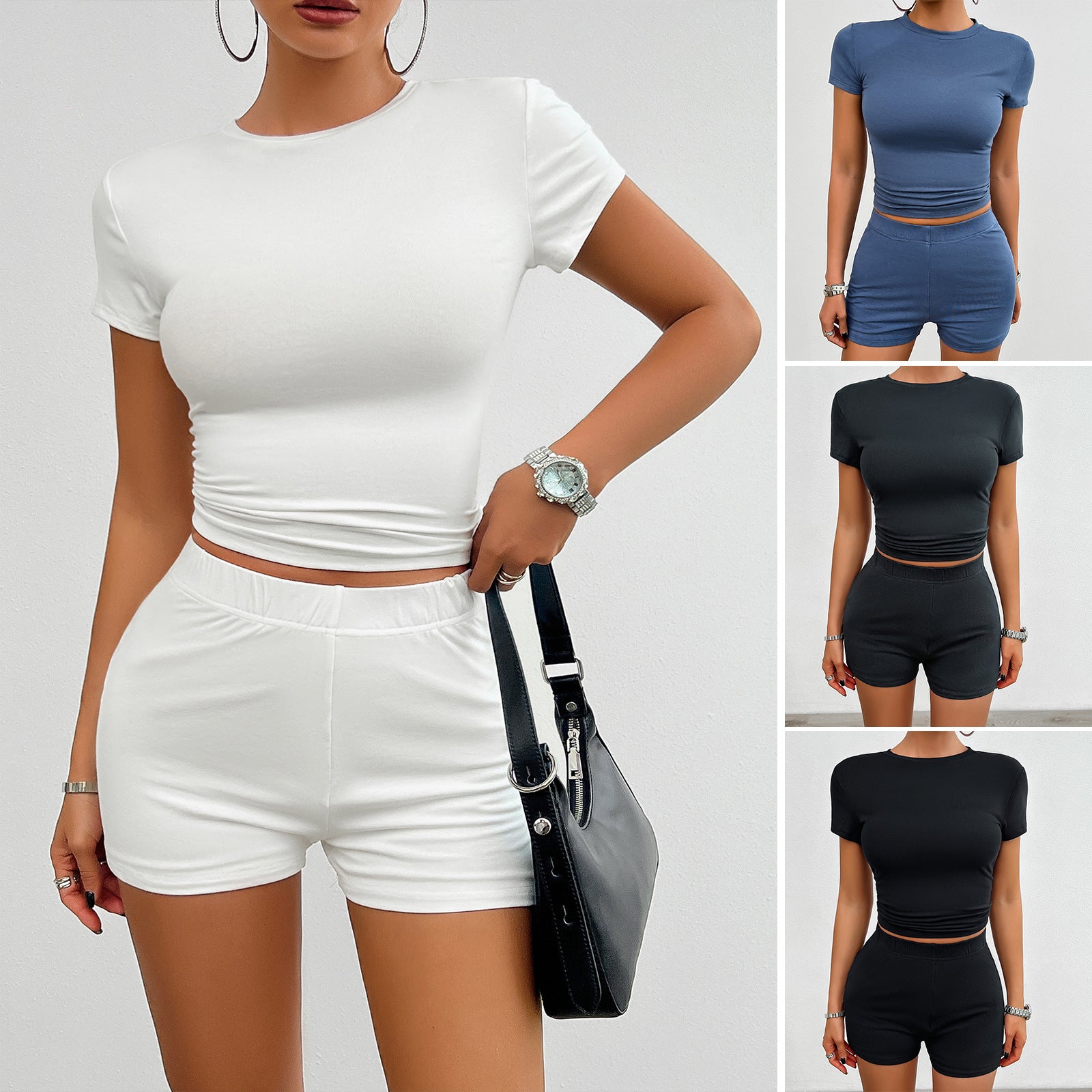 Luvéra Einfarbig Slim Sport Anzug 2 Paare kurzarm Rundhals T-shirt Und Elastische Shorts Mode Frauen Kleidung