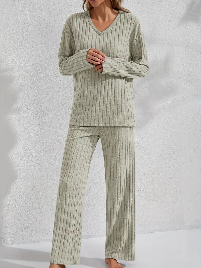 Luvéra Geripptes Langarm-Top und Hose Casual Comfortable Womens Loungewear Set