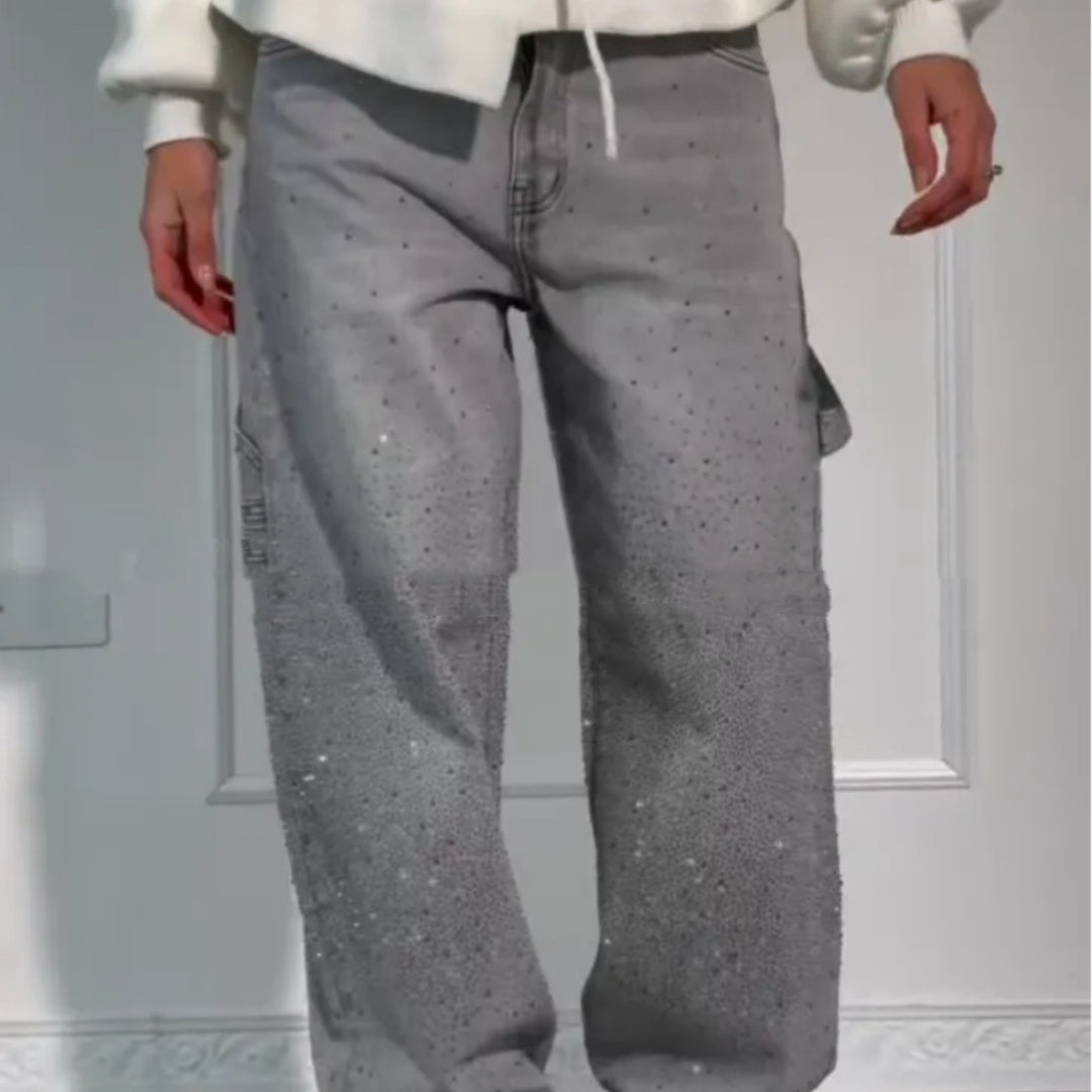 Luvéra Ins Glänzende Gerade Jeans Mit Taschen Mode Lose Weitbein Hosen Für Frauen Street-style Hosen
