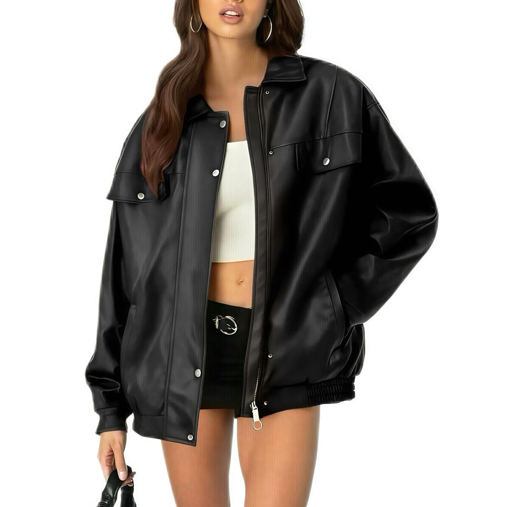 Luvéra Damen Lederjacke Lose Langarm Revers Jacke