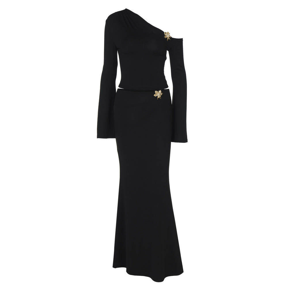 Luvéra Schlanke Schräge Schulter Rock Anzug Mit Blume Mode Glocke Ärmel Langarm Top Und Hohe Taille Lange Rock Frauen Kleidung