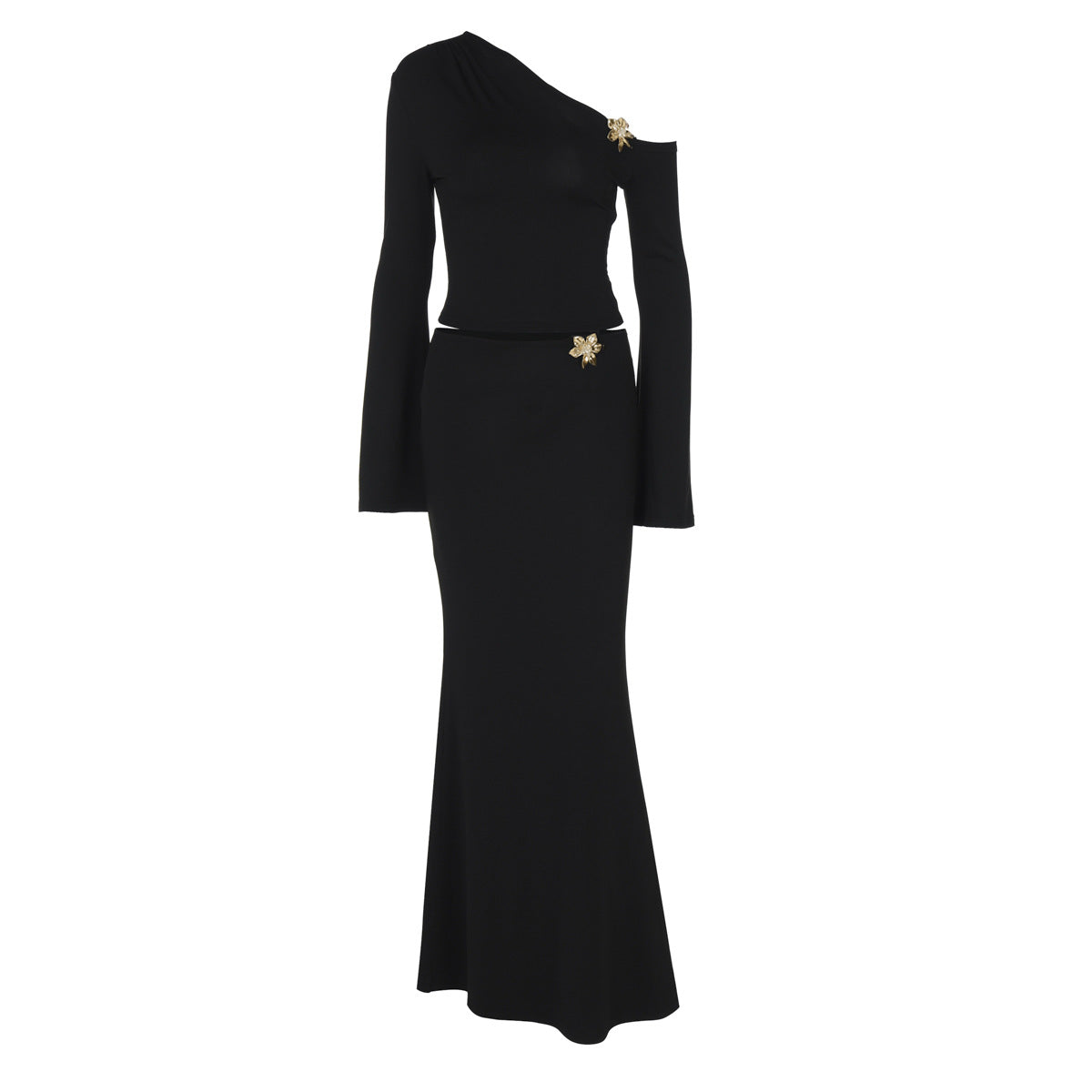 Luvéra Schlanke Schräge Schulter Rock Anzug Mit Blume Mode Glocke Ärmel Langarm Top Und Hohe Taille Lange Rock Frauen Kleidung