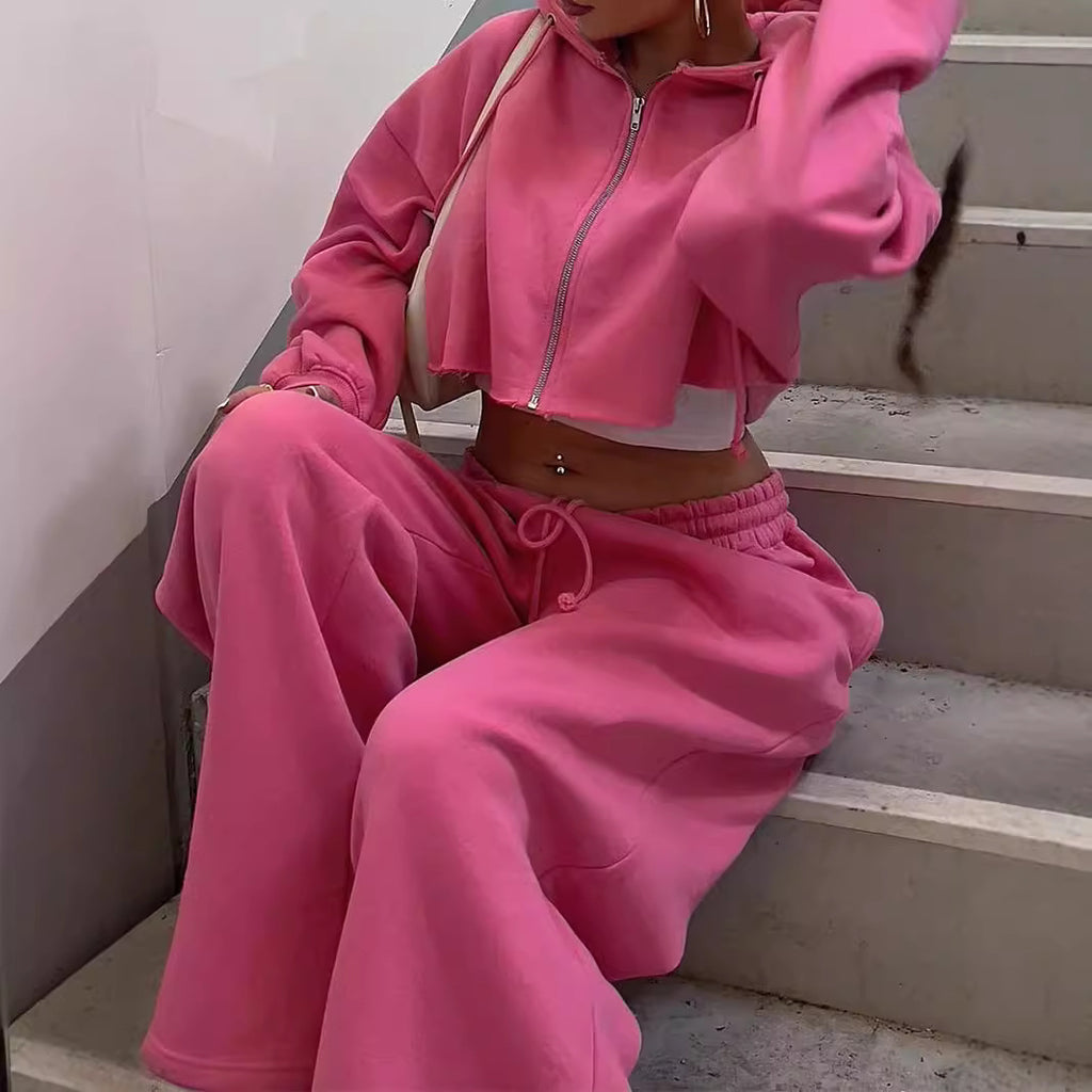 Luvéra Kapuze vorne Strickjacke Reißverschluss Pullover Breites Bein Lose Hose Anzug